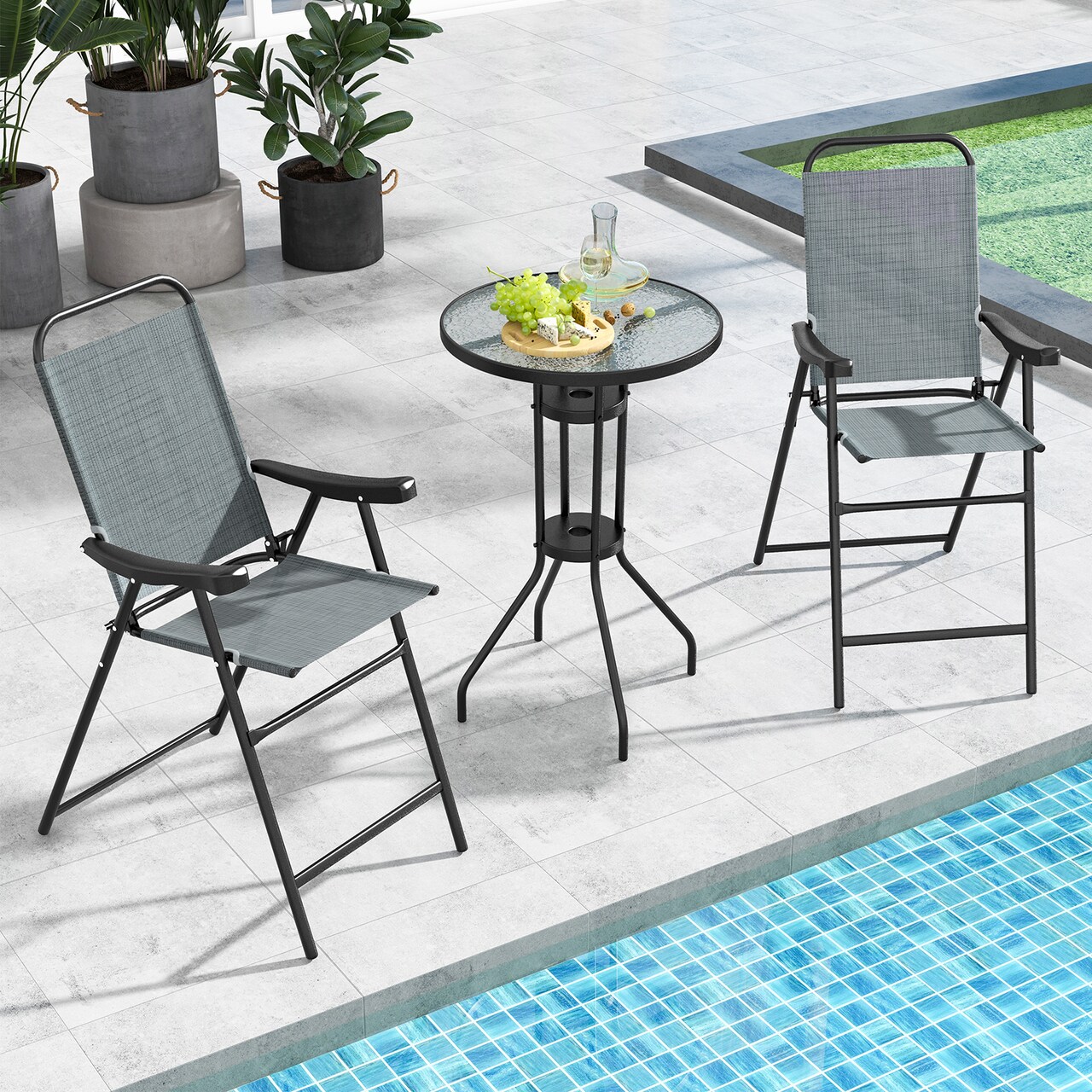 Patio Folding Bar Stool Set Of 2 With Metal Frame And Footrest
